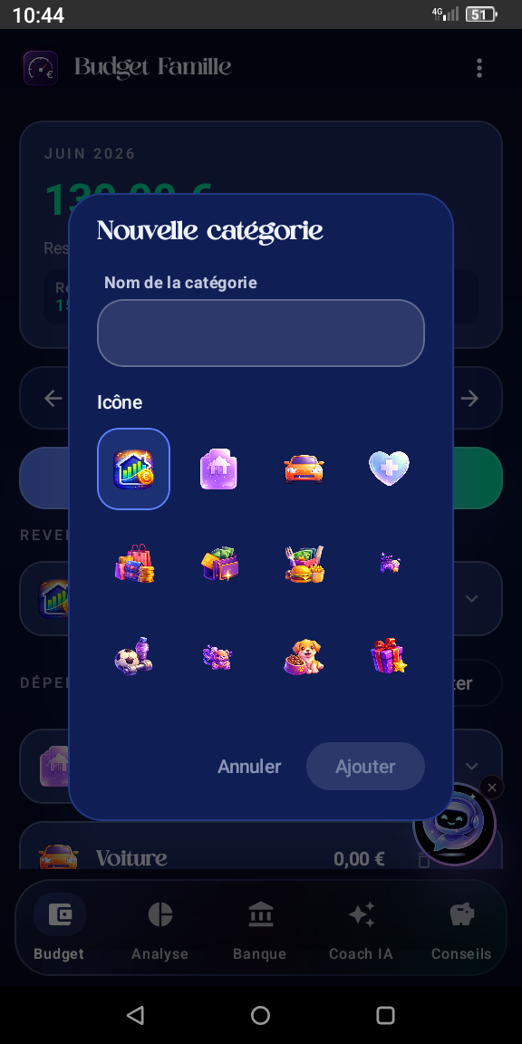 Ajout et catégorisation d'une dépense dans Budget Famille App