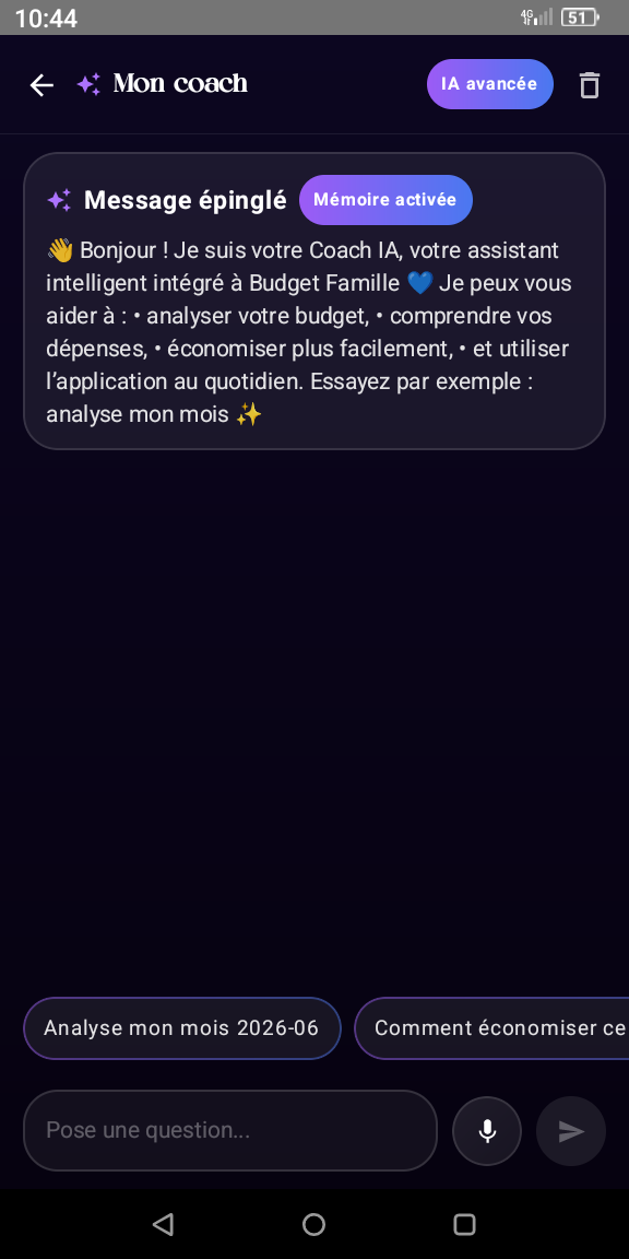 Assistant Coach IA dans Budget Famille App - analyse budget et conseils personnalisés