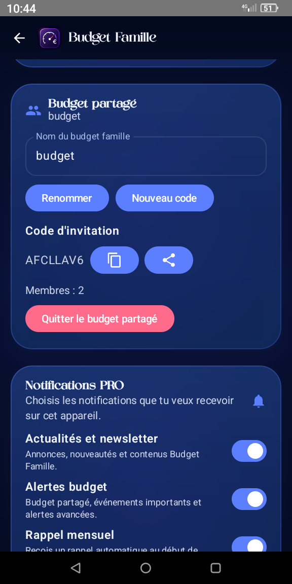 Budget partagé famille Budget Famille App - code d'invitation et membres connectés