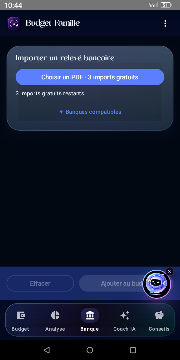 Import d'un relevé bancaire PDF dans Budget Famille App